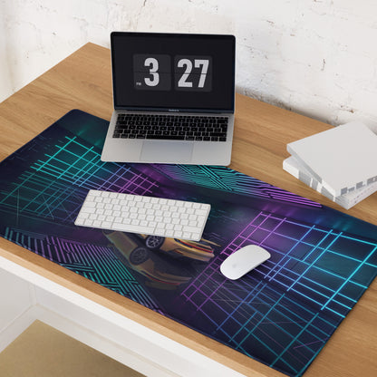 Porsche 911 GT3 Touring Inspired Yellow Cyan Vaporwave Gaming Mouse Pad – Neon Futuristic Garage Desk Mat, Cyberpunk Sports Car Digital Art
