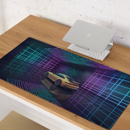 Porsche 911 GT3 Touring Inspired Yellow Cyan Vaporwave Gaming Mouse Pad – Neon Futuristic Garage Desk Mat, Cyberpunk Sports Car Digital Art