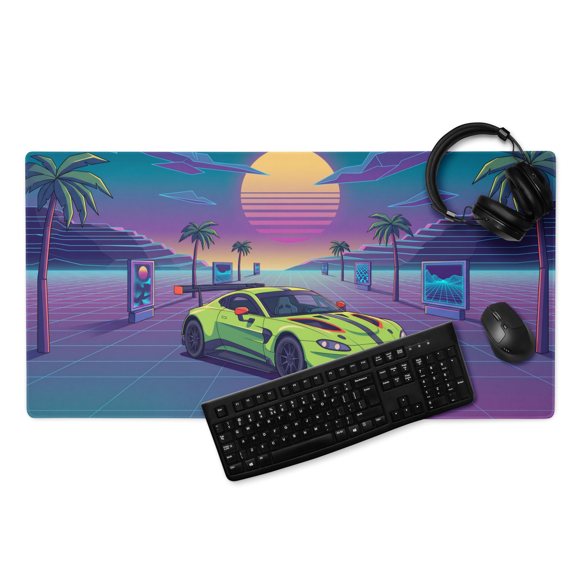 Aston Martin Vantage GT3 Inspired Lime Green Vaporwave Gaming Mouse Pad – Neon Sunset Grid Desk Mat, Retro Futuristic Racing Car Digital Art