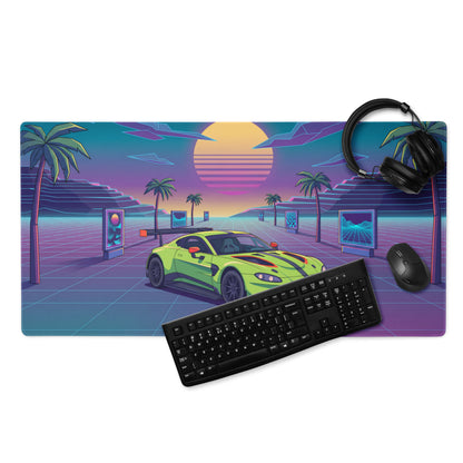 Aston Martin Vantage GT3 Inspired Lime Green Vaporwave Gaming Mouse Pad – Neon Sunset Grid Desk Mat, Retro Futuristic Racing Car Digital Art