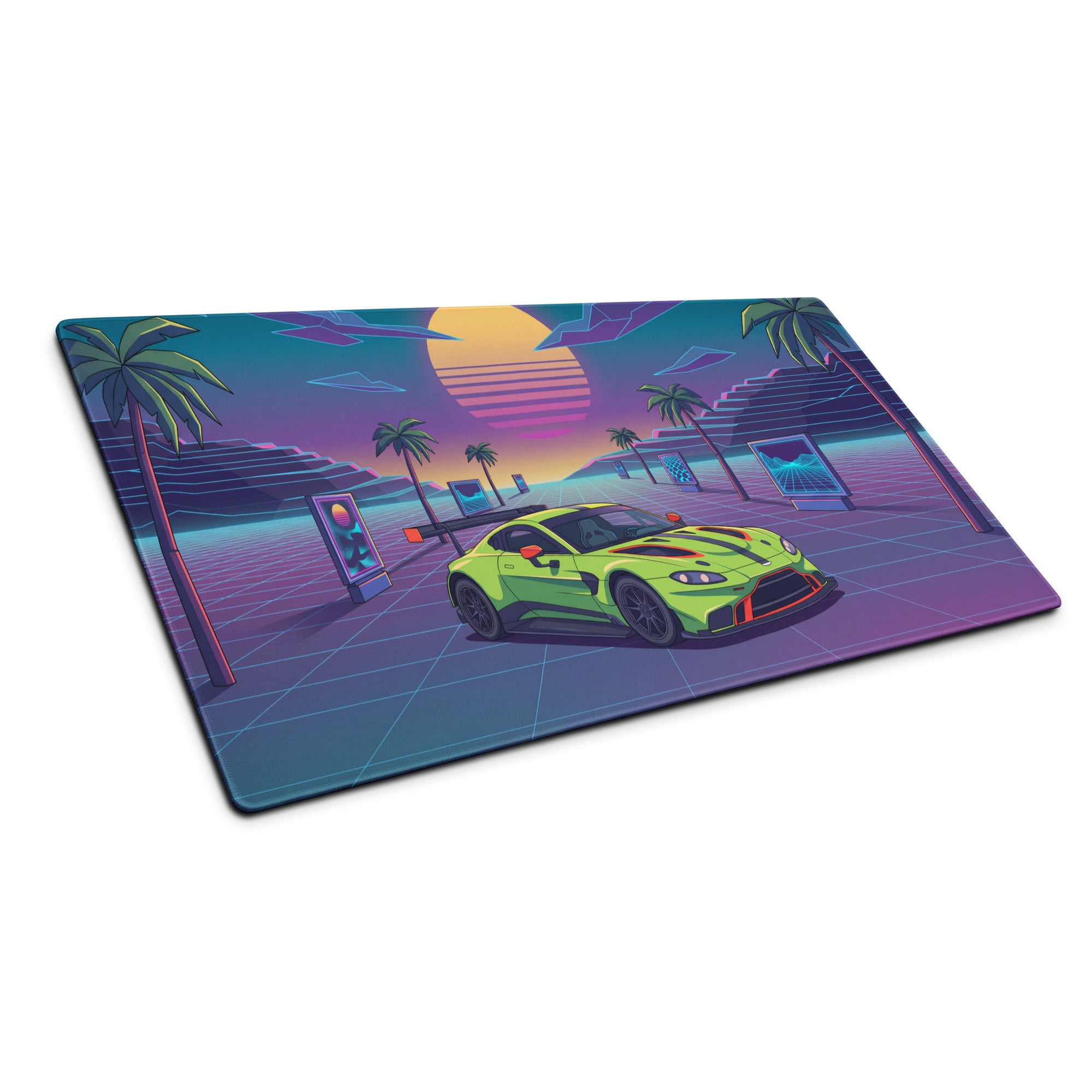 Aston Martin Vantage GT3 Inspired Lime Green Vaporwave Gaming Mouse Pad – Neon Sunset Grid Desk Mat, Retro Futuristic Racing Car Digital Art