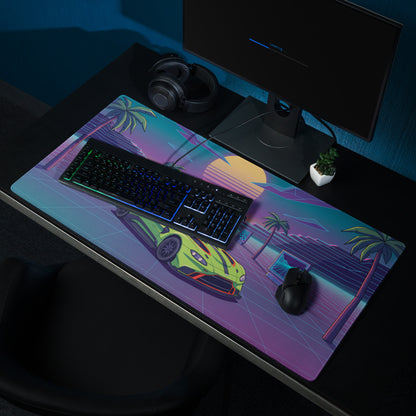 Aston Martin Vantage GT3 Inspired Lime Green Vaporwave Gaming Mouse Pad – Neon Sunset Grid Desk Mat, Retro Futuristic Racing Car Digital Art