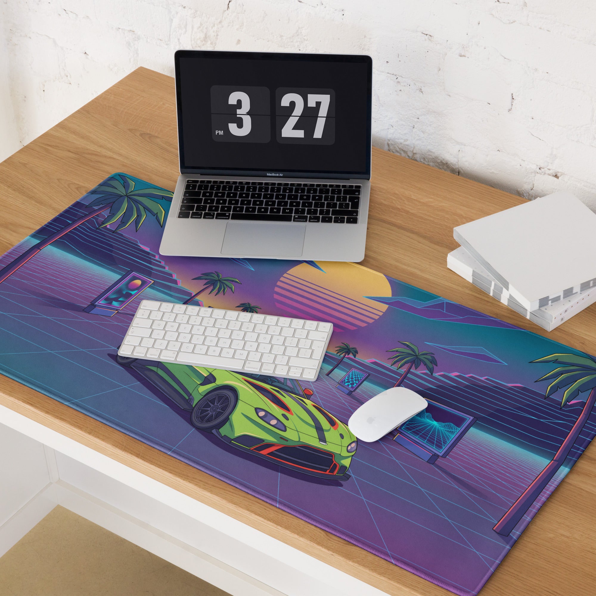 Aston Martin Vantage GT3 Inspired Lime Green Vaporwave Gaming Mouse Pad – Neon Sunset Grid Desk Mat, Retro Futuristic Racing Car Digital Art