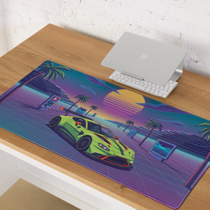 Aston Martin Vantage GT3 Inspired Lime Green Vaporwave Gaming Mouse Pad – Neon Sunset Grid Desk Mat, Retro Futuristic Racing Car Digital Art