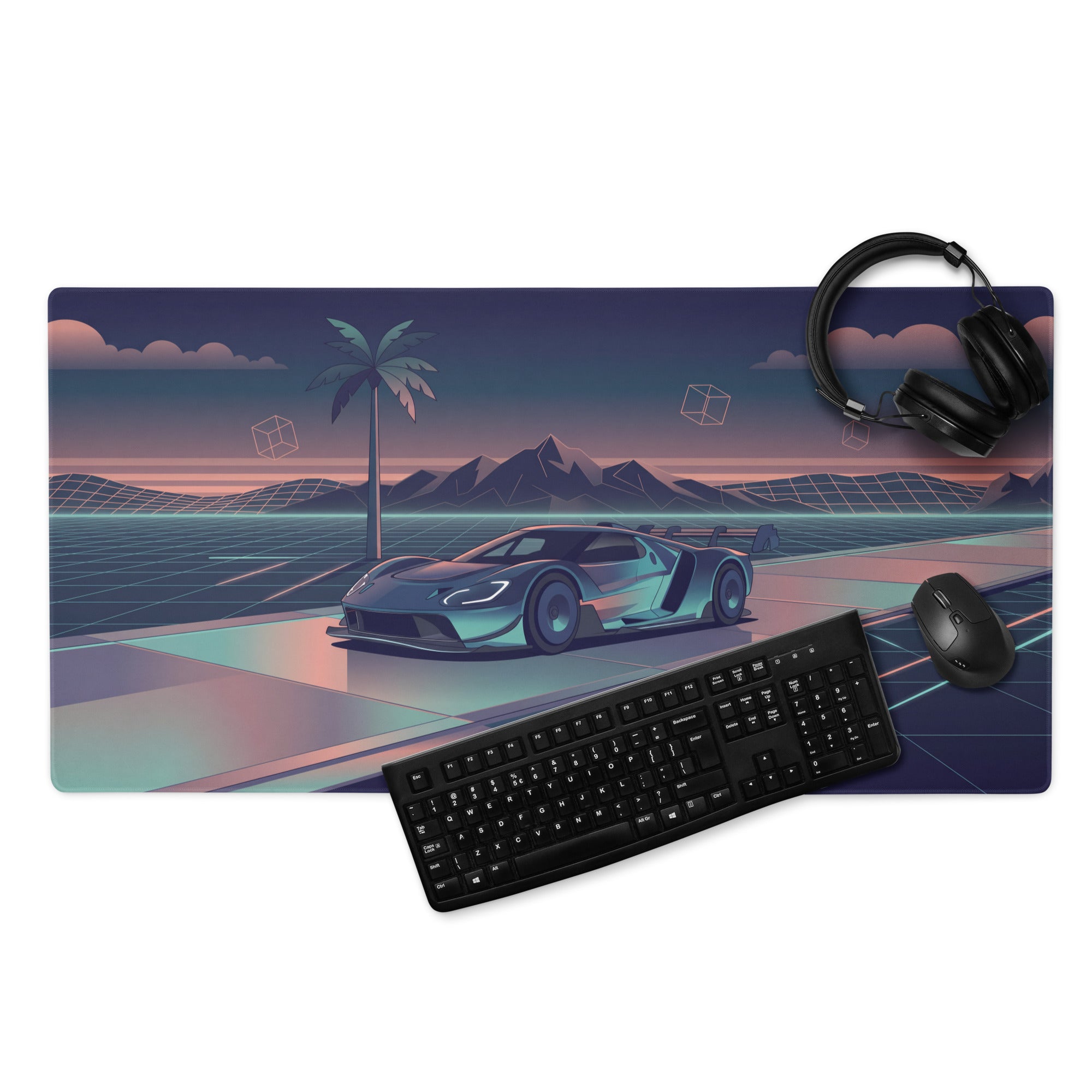 Ford GT Mk IV Inspired Silver Teal Vaporwave Gaming Mouse Pad – Neon Retro Highway Desk Mat, Futuristic Mountain Sunset Supercar Digital Art