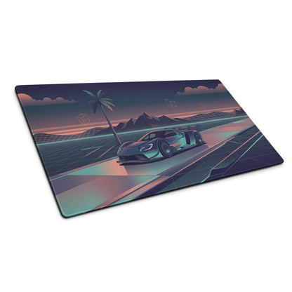 Ford GT Mk IV Inspired Silver Teal Vaporwave Gaming Mouse Pad – Neon Retro Highway Desk Mat, Futuristic Mountain Sunset Supercar Digital Art