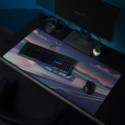 Ford GT Mk IV Inspired Silver Teal Vaporwave Gaming Mouse Pad – Neon Retro Highway Desk Mat, Futuristic Mountain Sunset Supercar Digital Art