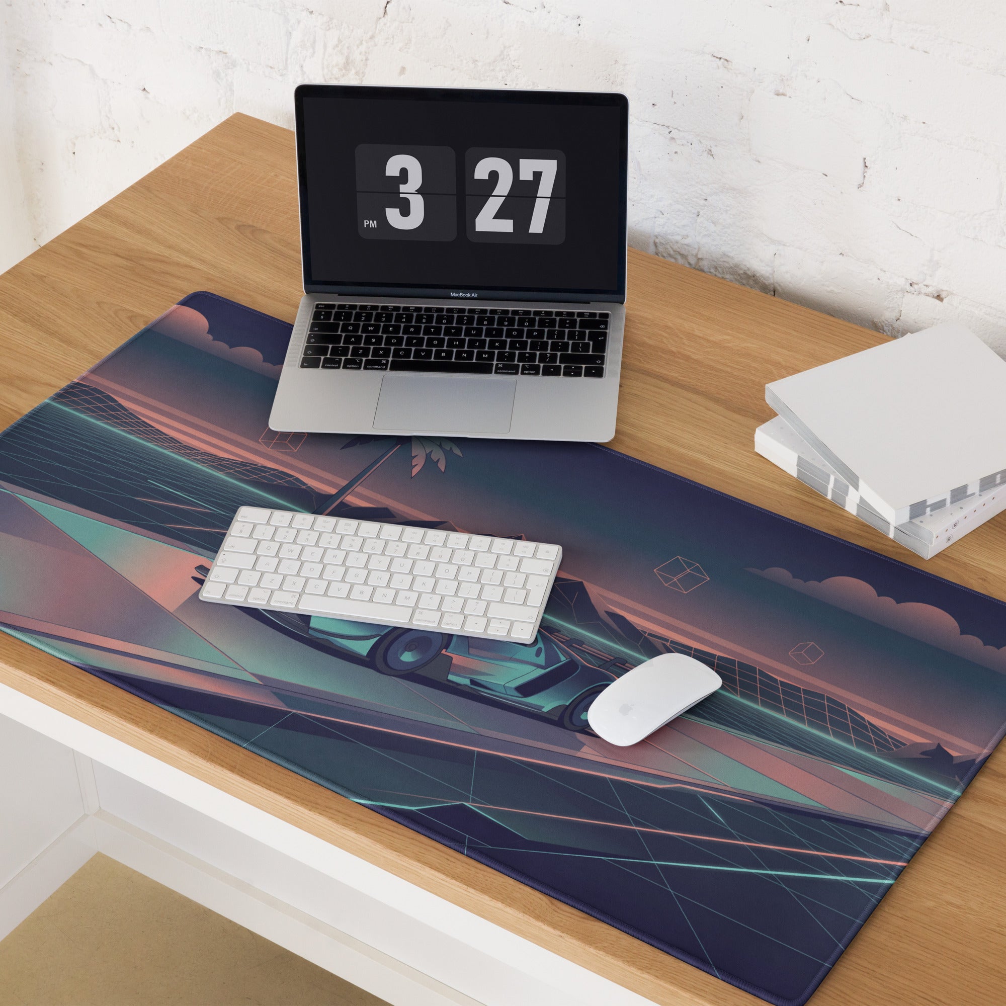 Ford GT Mk IV Inspired Silver Teal Vaporwave Gaming Mouse Pad – Neon Retro Highway Desk Mat, Futuristic Mountain Sunset Supercar Digital Art