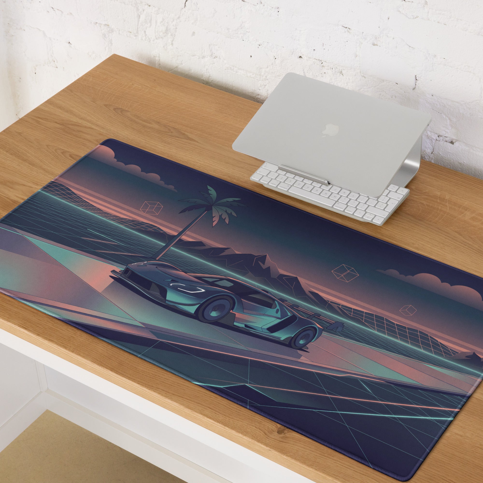 Ford GT Mk IV Inspired Silver Teal Vaporwave Gaming Mouse Pad – Neon Retro Highway Desk Mat, Futuristic Mountain Sunset Supercar Digital Art
