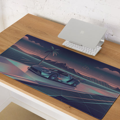 Ford GT Mk IV Inspired Silver Teal Vaporwave Gaming Mouse Pad – Neon Retro Highway Desk Mat, Futuristic Mountain Sunset Supercar Digital Art