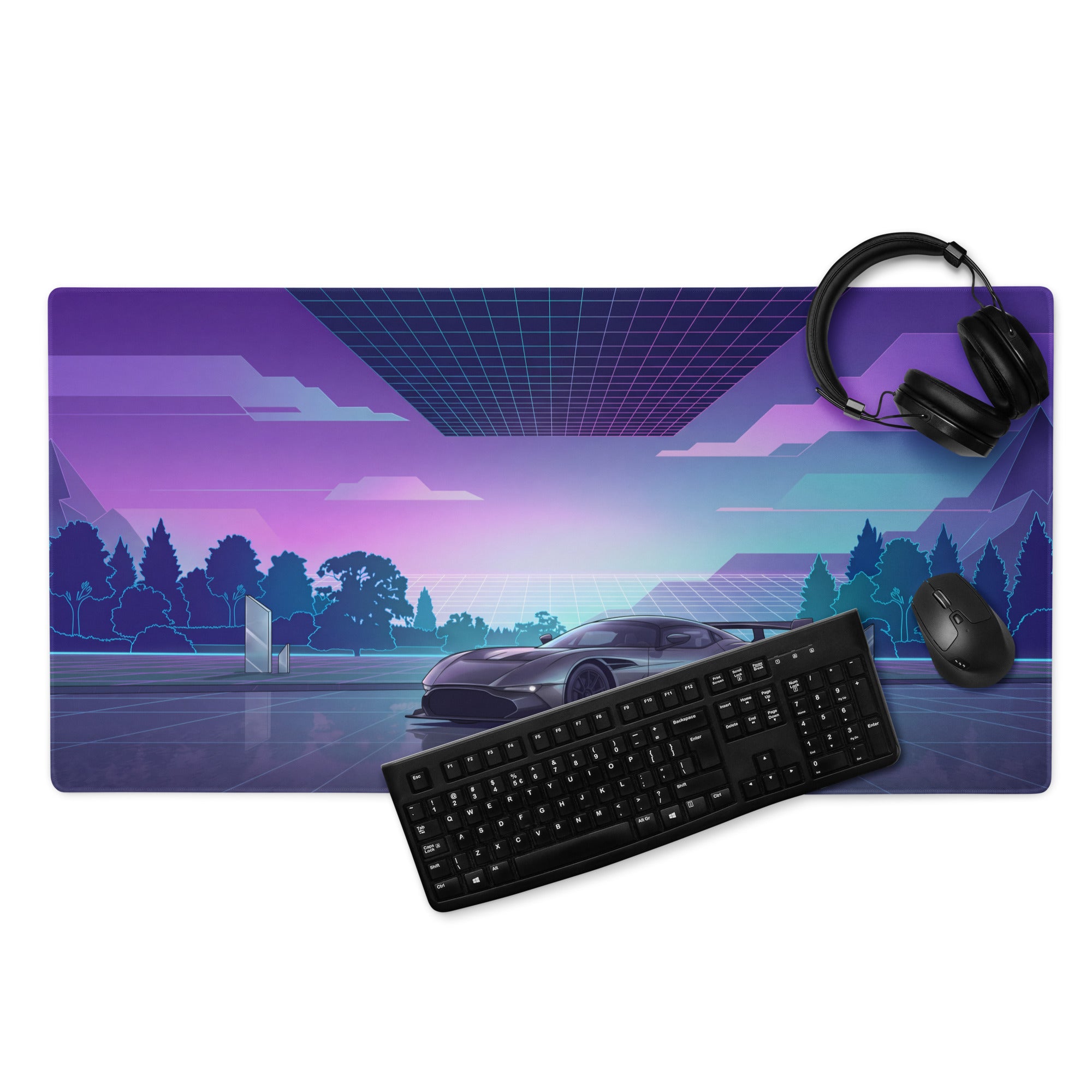 Aston Martin Vulcan Inspired Gunmetal Purple Vaporwave Gaming Mouse Pad – Neon Reflective Grid Desk Mat, Futuristic Hypercar Digital Artwork