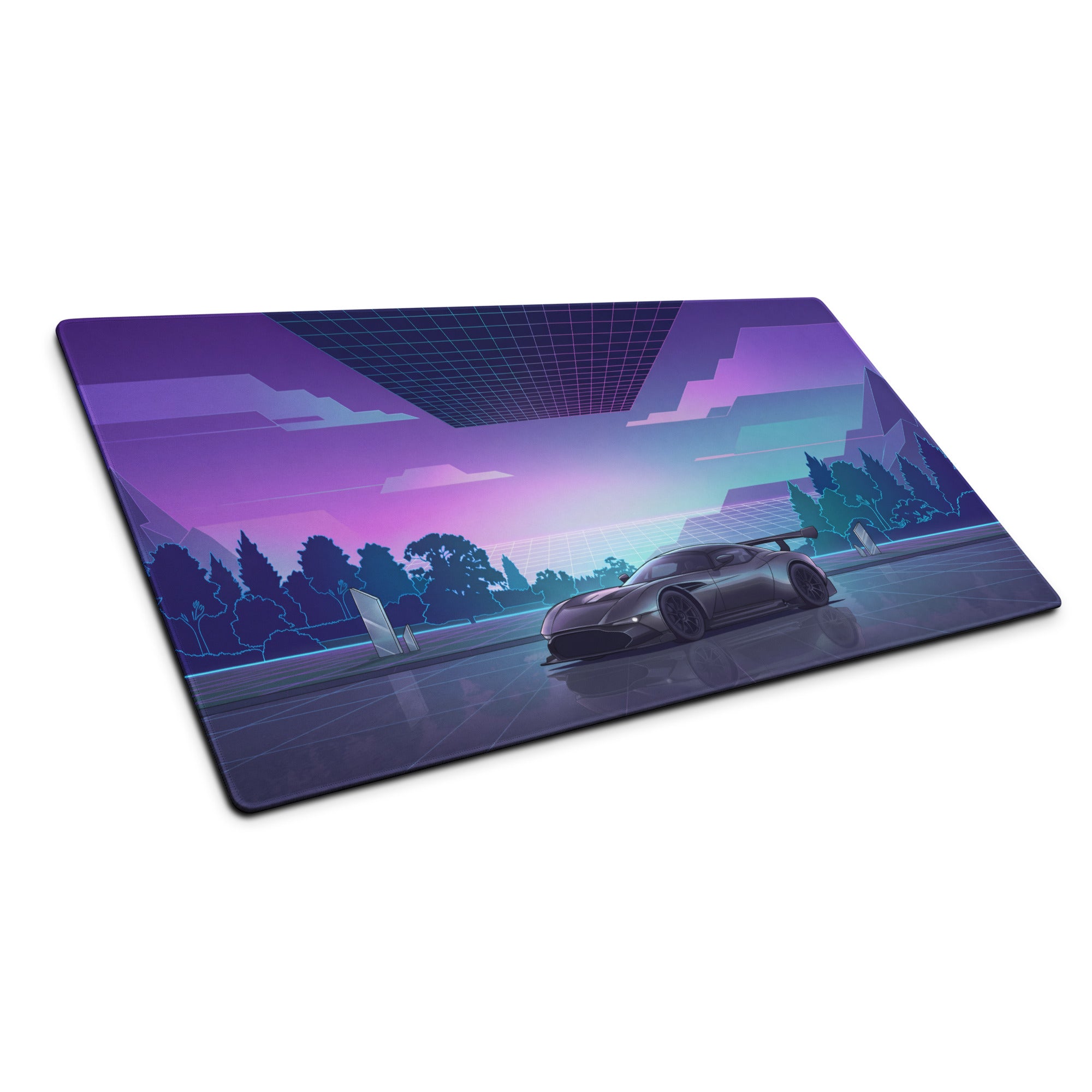 Aston Martin Vulcan Inspired Gunmetal Purple Vaporwave Gaming Mouse Pad – Neon Reflective Grid Desk Mat, Futuristic Hypercar Digital Artwork