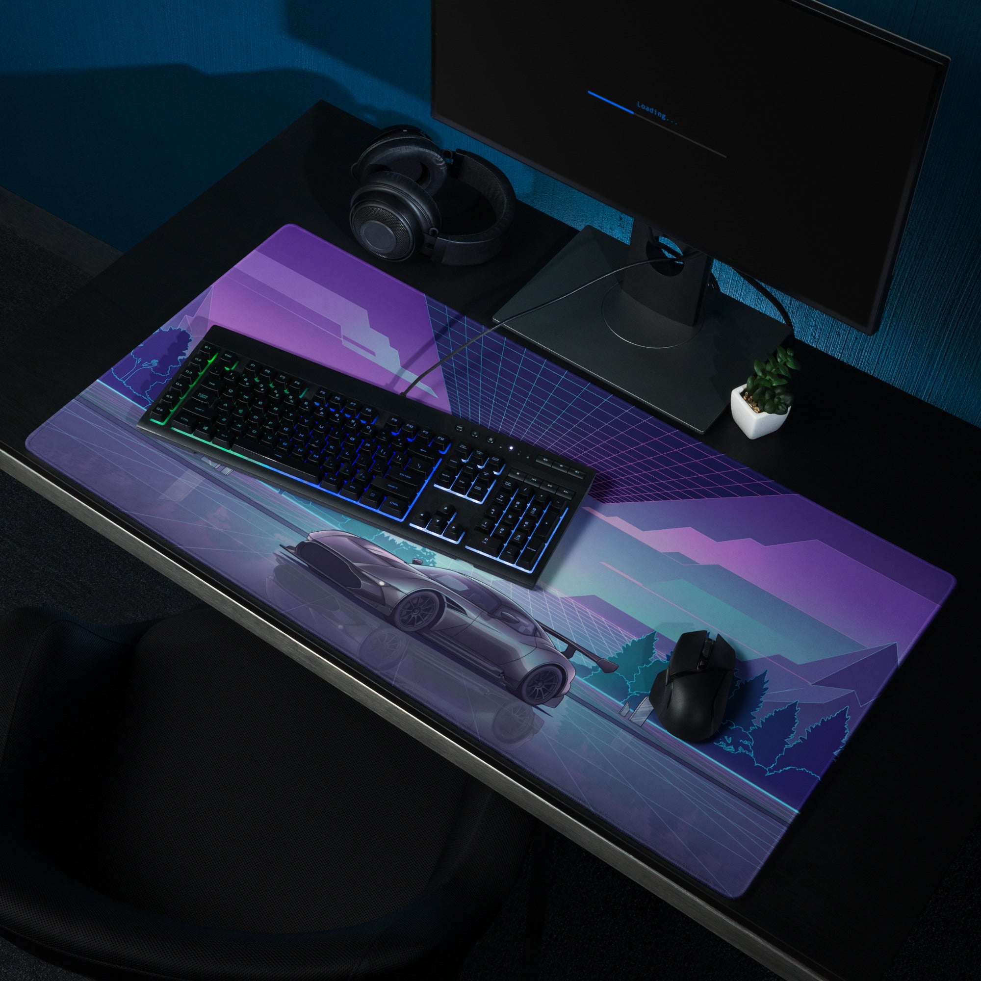 Aston Martin Vulcan Inspired Gunmetal Purple Vaporwave Gaming Mouse Pad – Neon Reflective Grid Desk Mat, Futuristic Hypercar Digital Artwork