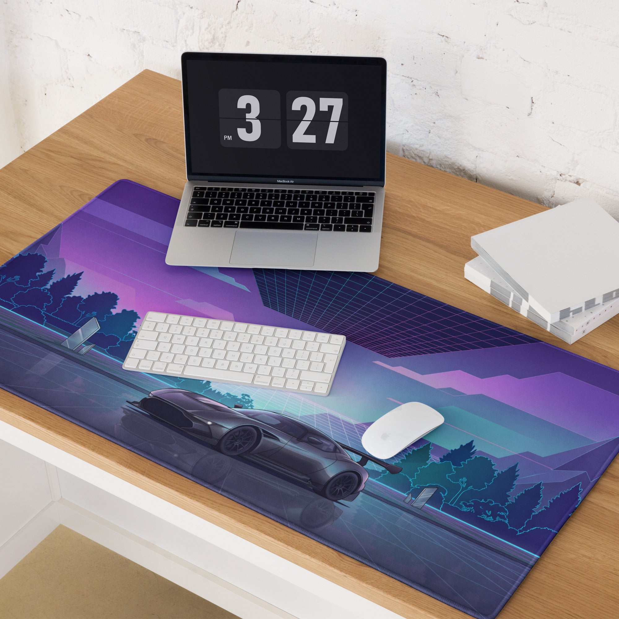 Aston Martin Vulcan Inspired Gunmetal Purple Vaporwave Gaming Mouse Pad – Neon Reflective Grid Desk Mat, Futuristic Hypercar Digital Artwork