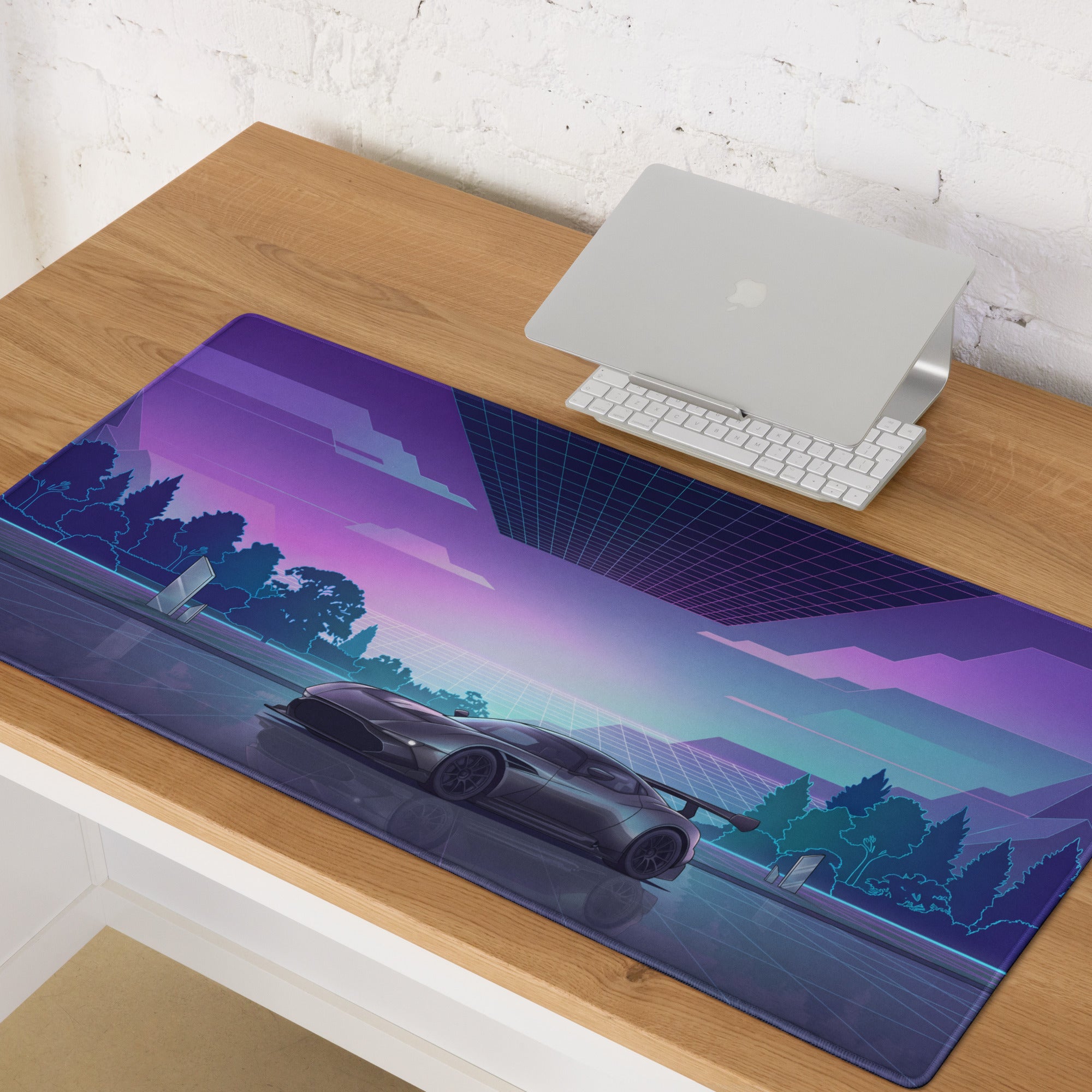 Aston Martin Vulcan Inspired Gunmetal Purple Vaporwave Gaming Mouse Pad – Neon Reflective Grid Desk Mat, Futuristic Hypercar Digital Artwork