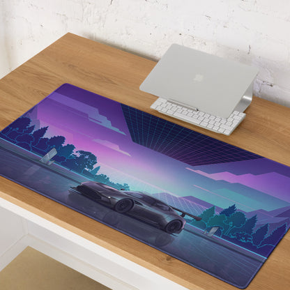 Aston Martin Vulcan Inspired Gunmetal Purple Vaporwave Gaming Mouse Pad – Neon Reflective Grid Desk Mat, Futuristic Hypercar Digital Artwork