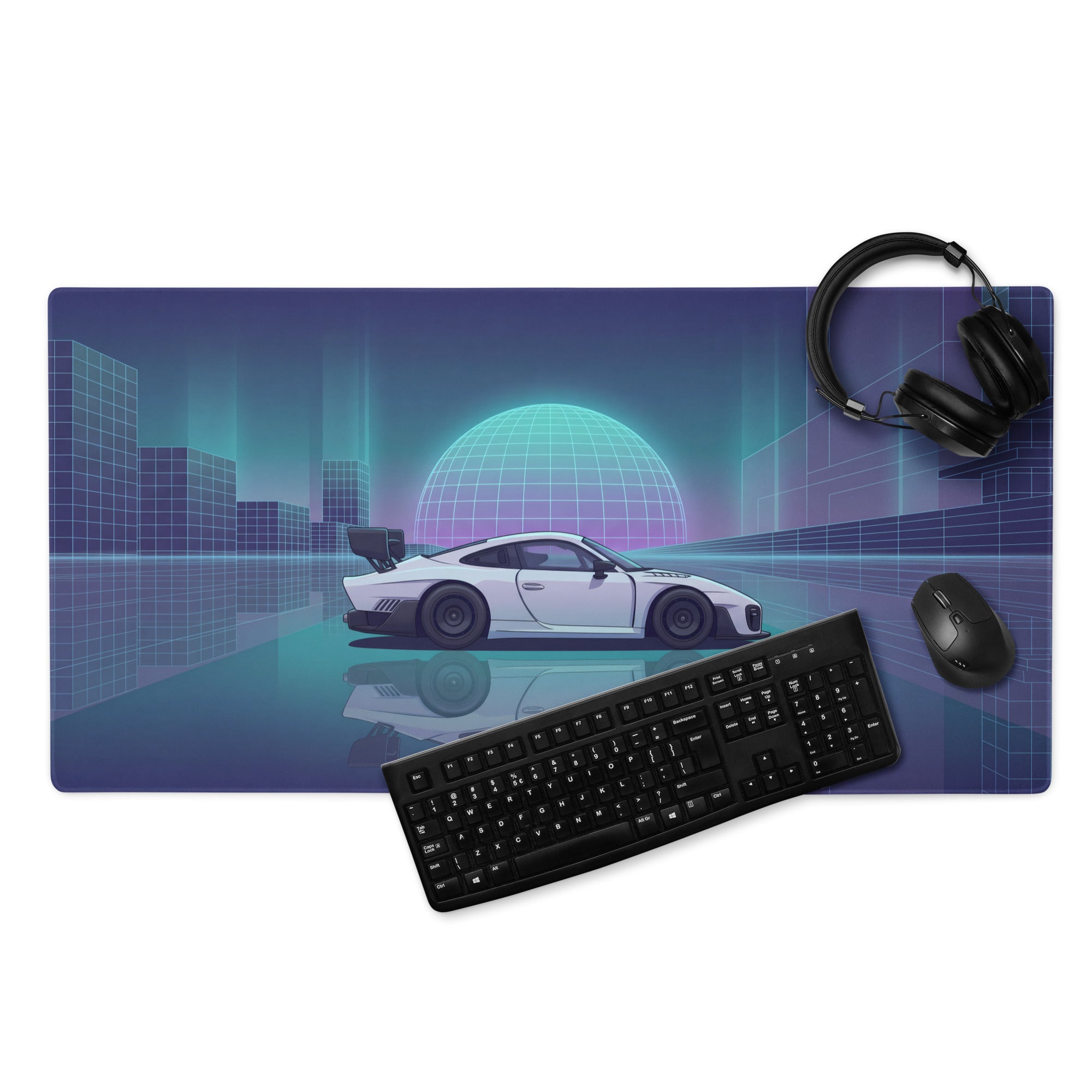 Porsche 935 Inspired White Blue Vaporwave Gaming Mouse Pad – Neon Cyber City Desk Mat, Retro Futuristic Race Car Digital Artwork