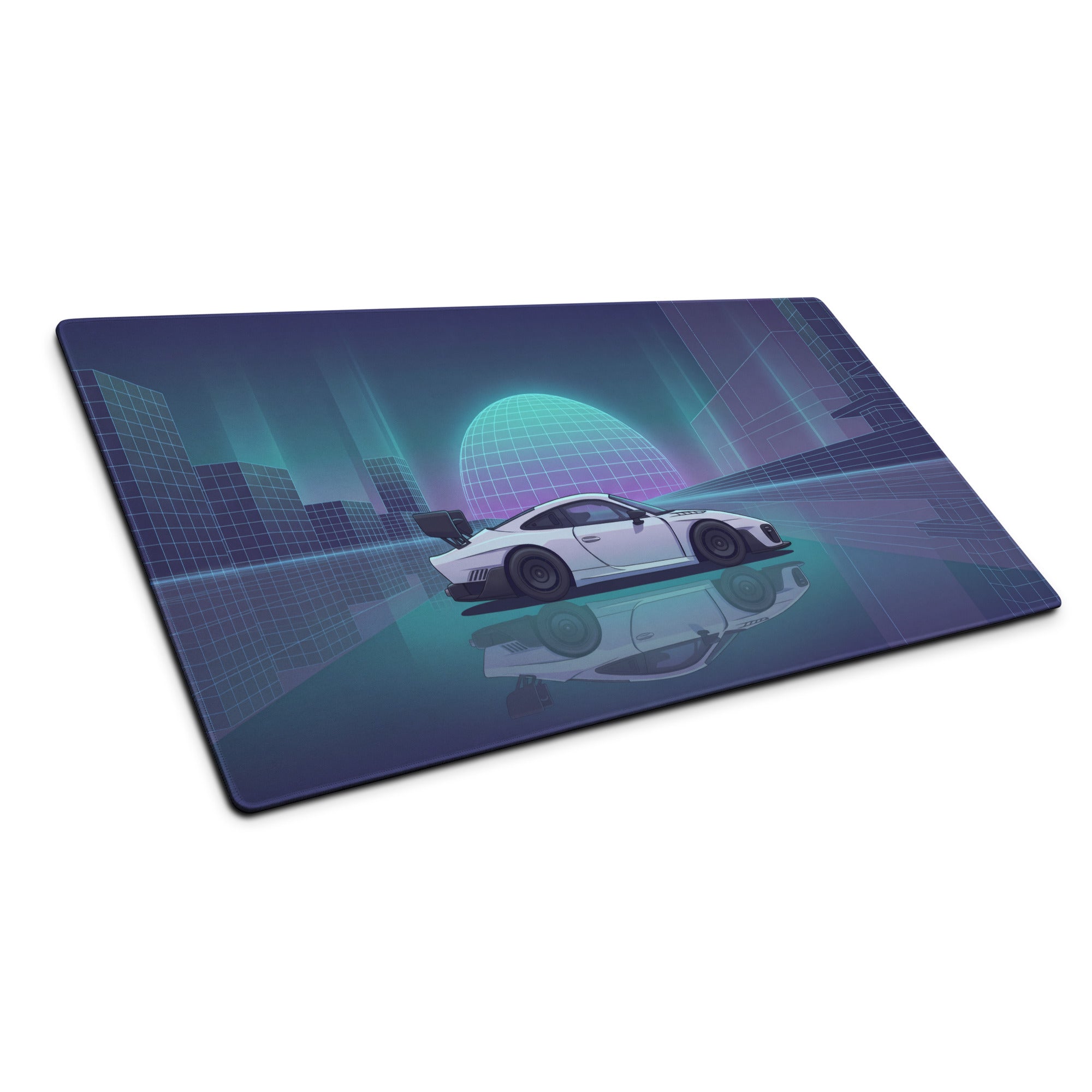 Porsche 935 Inspired White Blue Vaporwave Gaming Mouse Pad – Neon Cyber City Desk Mat, Retro Futuristic Race Car Digital Artwork