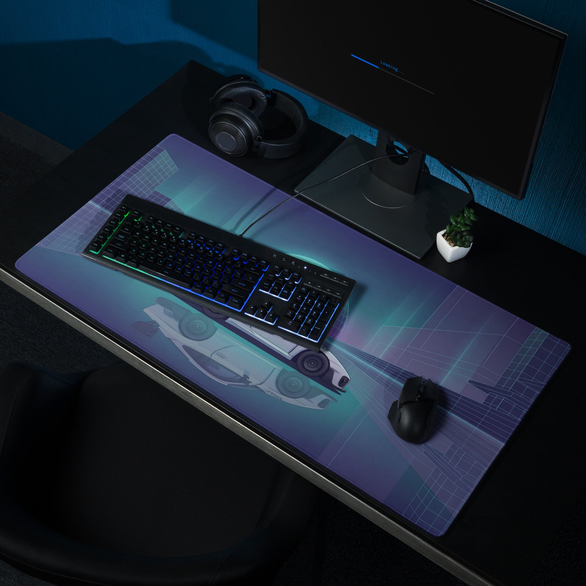 Porsche 935 Inspired White Blue Vaporwave Gaming Mouse Pad – Neon Cyber City Desk Mat, Retro Futuristic Race Car Digital Artwork