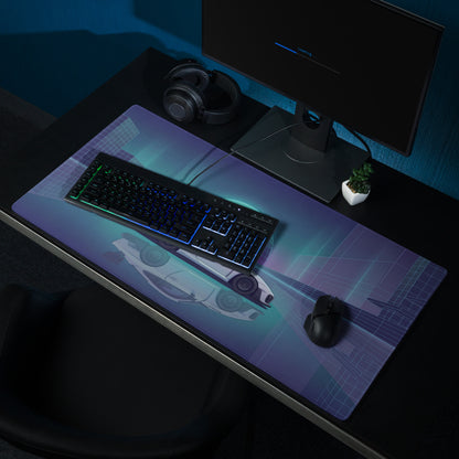 Porsche 935 Inspired White Blue Vaporwave Gaming Mouse Pad – Neon Cyber City Desk Mat, Retro Futuristic Race Car Digital Artwork