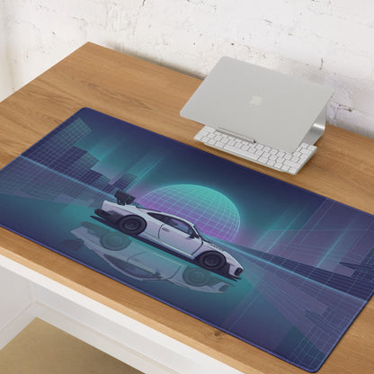 Porsche 935 Inspired White Blue Vaporwave Gaming Mouse Pad – Neon Cyber City Desk Mat, Retro Futuristic Race Car Digital Artwork