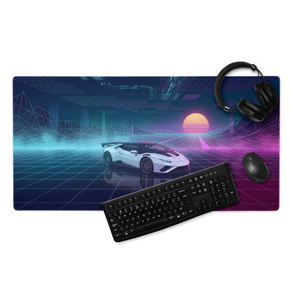 Lamborghini Huracán STO Inspired White Blue Vaporwave Gaming Mouse Pad – Neon Pink Grid Desk Mat, Retro Futuristic Supercar Digital Artwork
