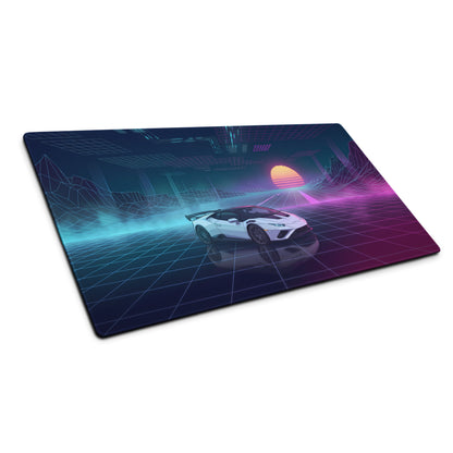 Lamborghini Huracán STO Inspired White Blue Vaporwave Gaming Mouse Pad – Neon Pink Grid Desk Mat, Retro Futuristic Supercar Digital Artwork