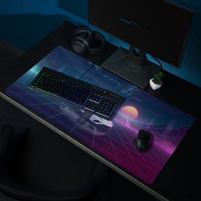 Lamborghini Huracán STO Inspired White Blue Vaporwave Gaming Mouse Pad – Neon Pink Grid Desk Mat, Retro Futuristic Supercar Digital Artwork
