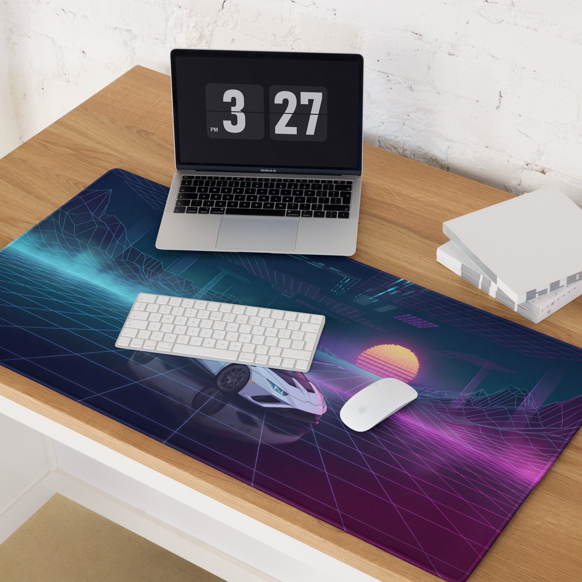 Lamborghini Huracán STO Inspired White Blue Vaporwave Gaming Mouse Pad – Neon Pink Grid Desk Mat, Retro Futuristic Supercar Digital Artwork