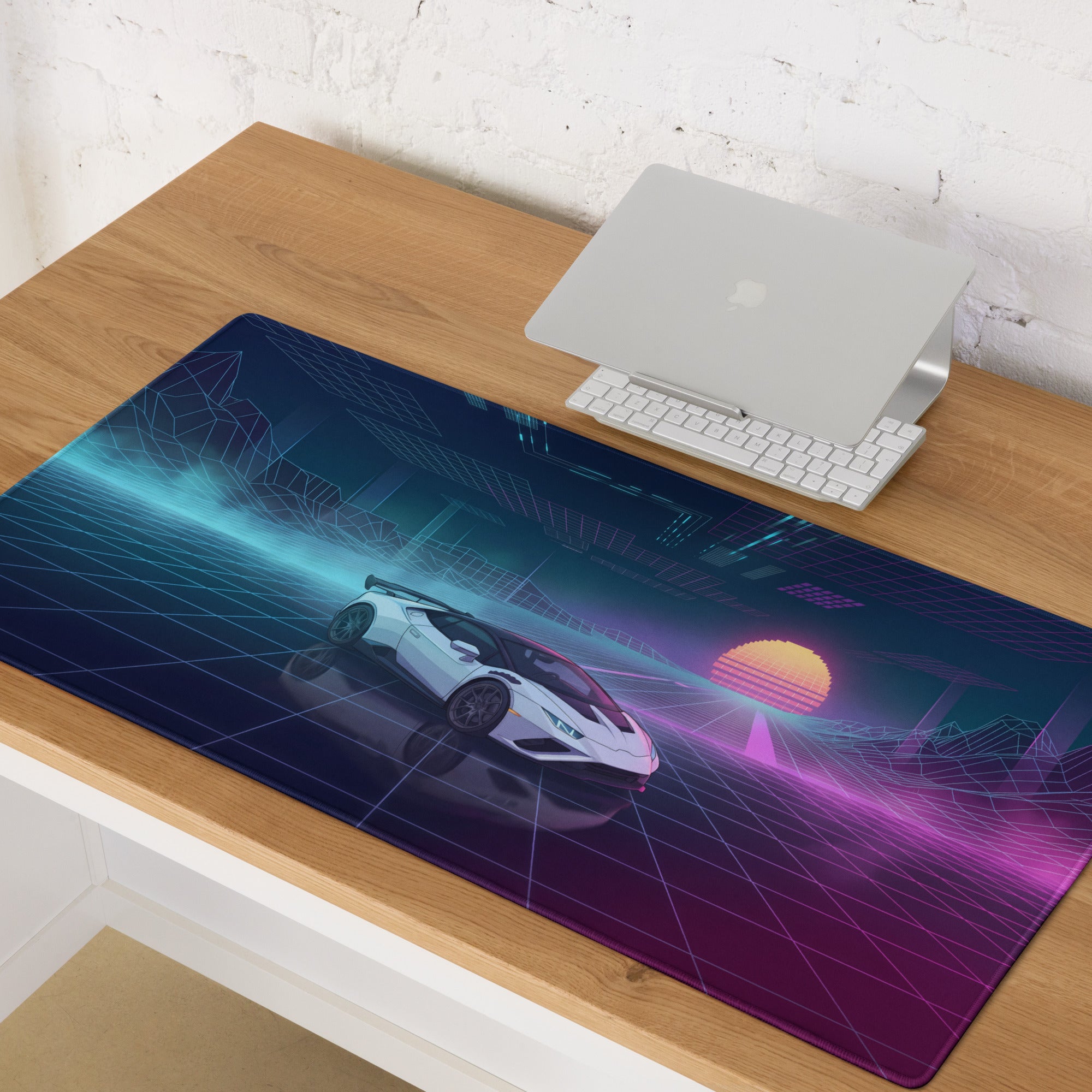 Lamborghini Huracán STO Inspired White Blue Vaporwave Gaming Mouse Pad – Neon Pink Grid Desk Mat, Retro Futuristic Supercar Digital Artwork
