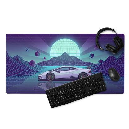 Lamborghini Huracán STO Inspired White Purple Vaporwave Gaming Mouse Pad – Neon Cyan Grid Desk Mat, Retro Futuristic Supercar Digital Art
