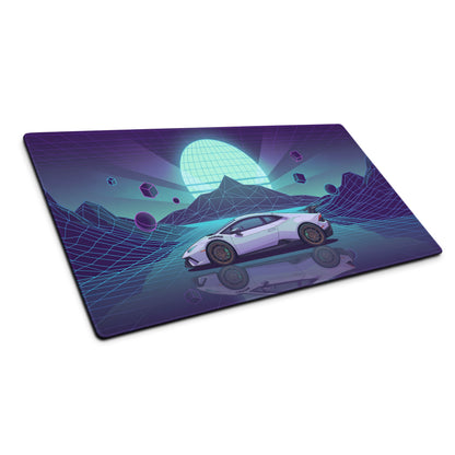 Lamborghini Huracán STO Inspired White Purple Vaporwave Gaming Mouse Pad – Neon Cyan Grid Desk Mat, Retro Futuristic Supercar Digital Art