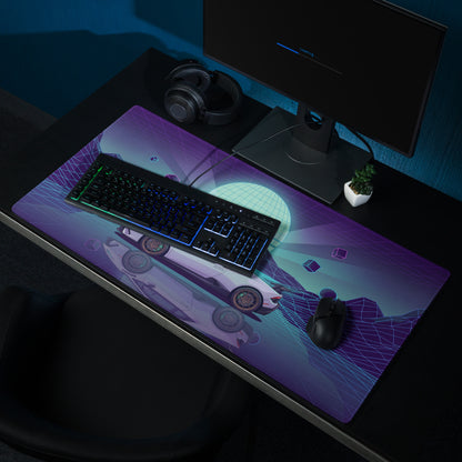 Lamborghini Huracán STO Inspired White Purple Vaporwave Gaming Mouse Pad – Neon Cyan Grid Desk Mat, Retro Futuristic Supercar Digital Art