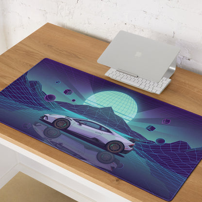 Lamborghini Huracán STO Inspired White Purple Vaporwave Gaming Mouse Pad – Neon Cyan Grid Desk Mat, Retro Futuristic Supercar Digital Art