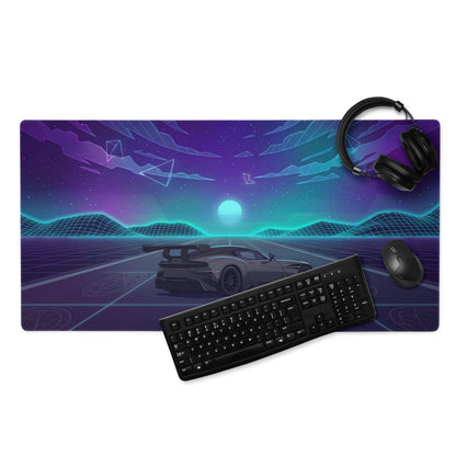 Aston Martin Vulcan Inspired Gunmetal Purple Vaporwave Gaming Mouse Pad – Neon Cosmic Highway Desk Mat, Retro Futuristic Hypercar Digital Art