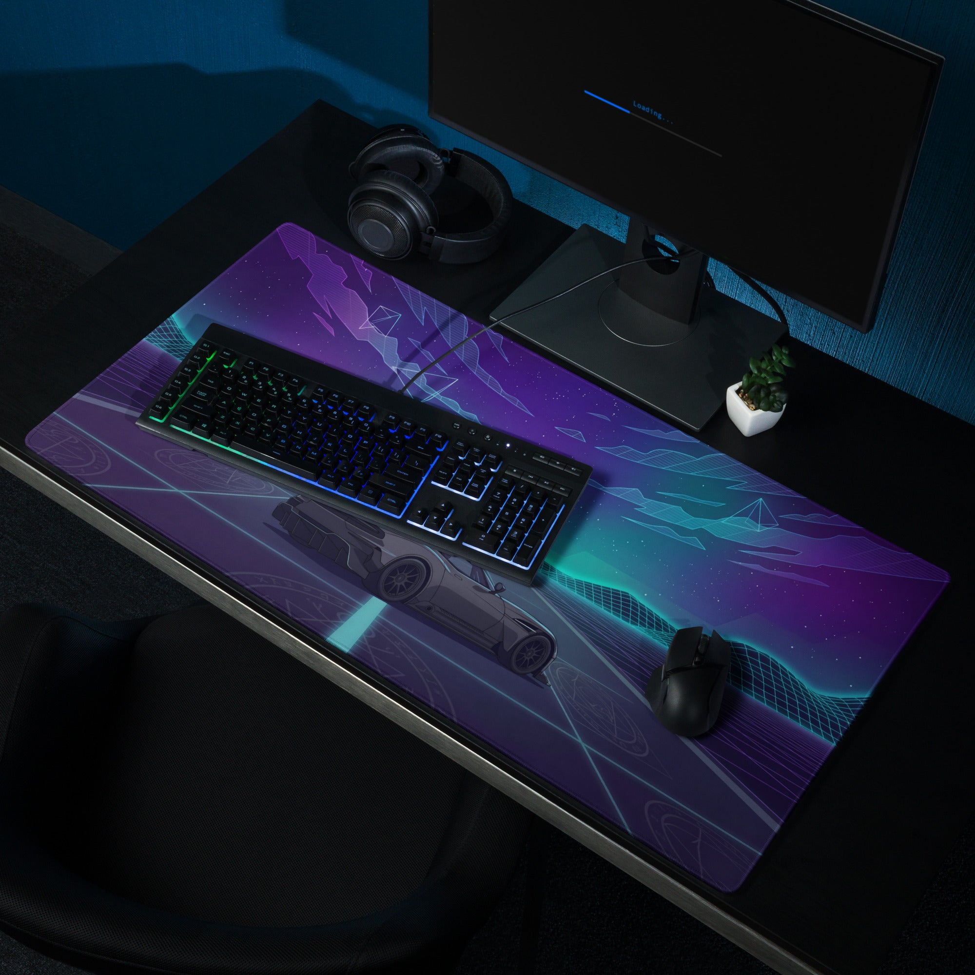 Aston Martin Vulcan Inspired Gunmetal Purple Vaporwave Gaming Mouse Pad – Neon Cosmic Highway Desk Mat, Retro Futuristic Hypercar Digital Art