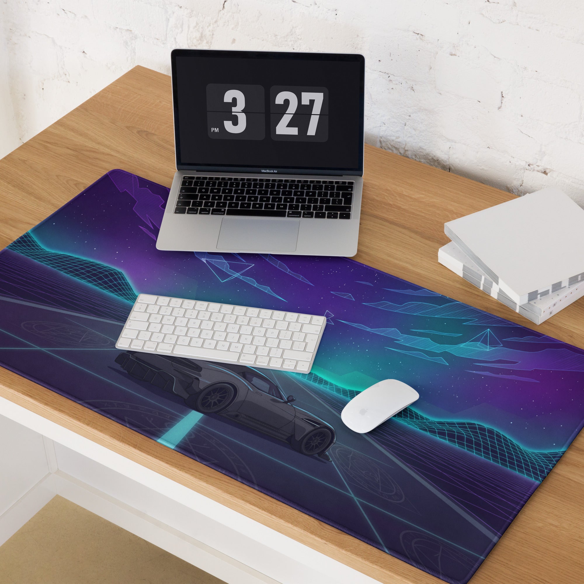 Aston Martin Vulcan Inspired Gunmetal Purple Vaporwave Gaming Mouse Pad – Neon Cosmic Highway Desk Mat, Retro Futuristic Hypercar Digital Art