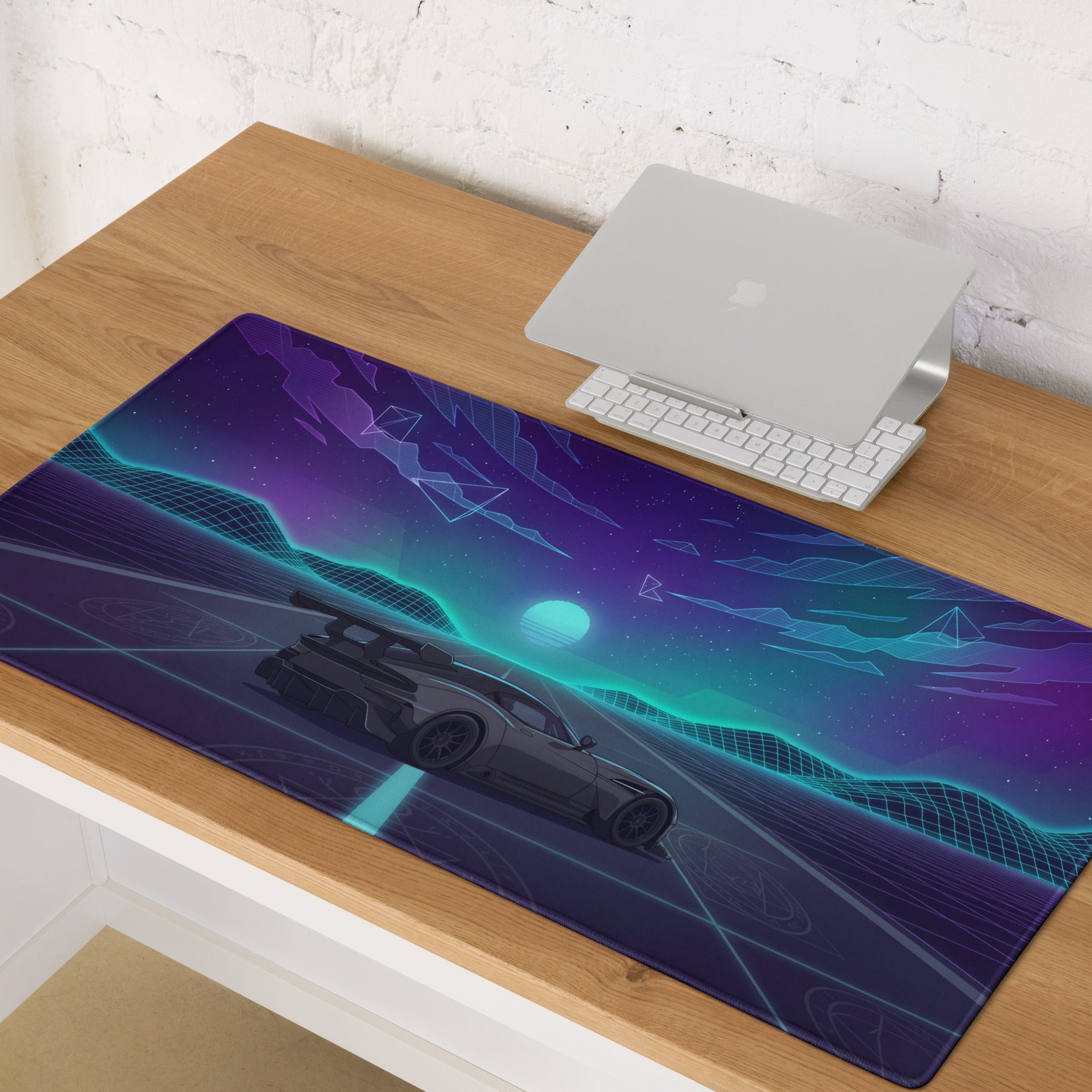 Aston Martin Vulcan Inspired Gunmetal Purple Vaporwave Gaming Mouse Pad – Neon Cosmic Highway Desk Mat, Retro Futuristic Hypercar Digital Art