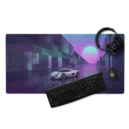 Koenigsegg CCX Inspired Silver Purple Vaporwave Gaming Mouse Pad – Neon Futuristic City Desk Mat, Dreamy Retro Supercar Digital Artwork