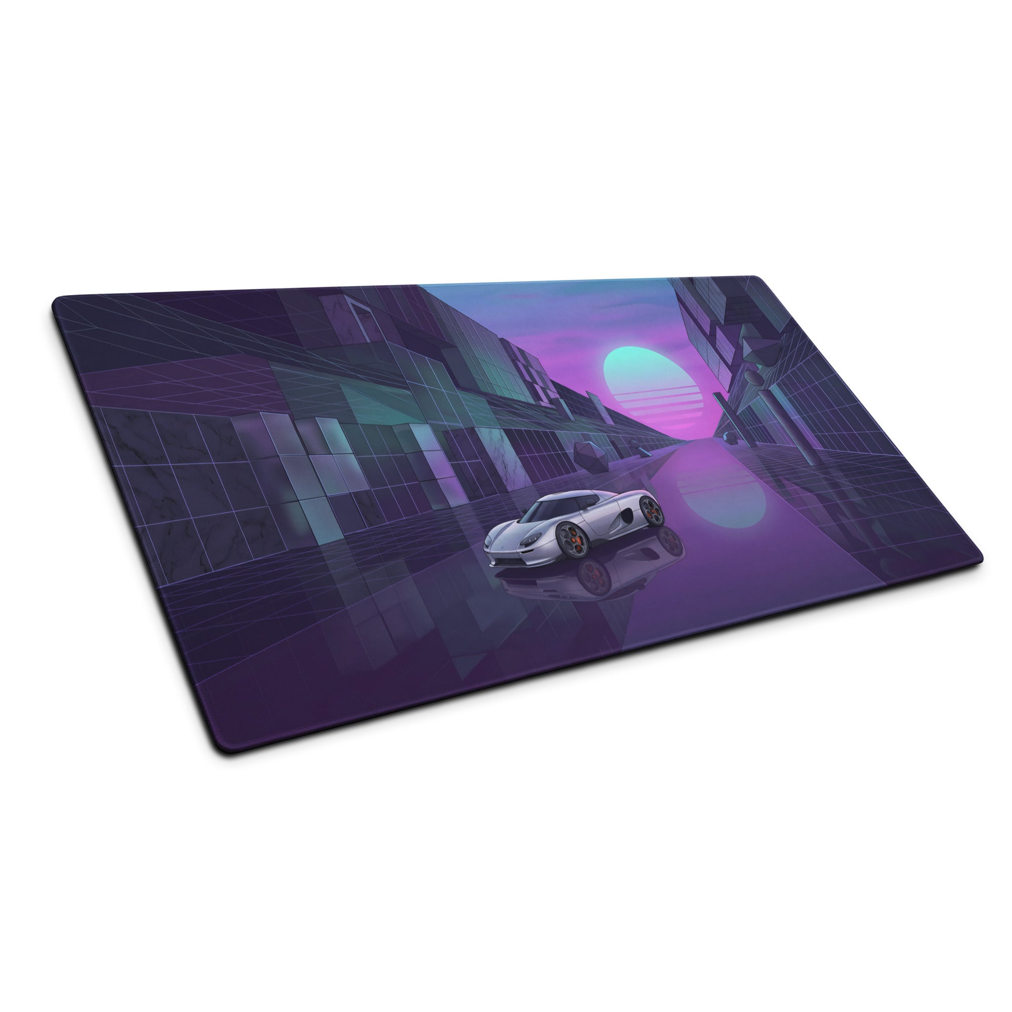 Koenigsegg CCX Inspired Silver Purple Vaporwave Gaming Mouse Pad – Neon Futuristic City Desk Mat, Dreamy Retro Supercar Digital Artwork