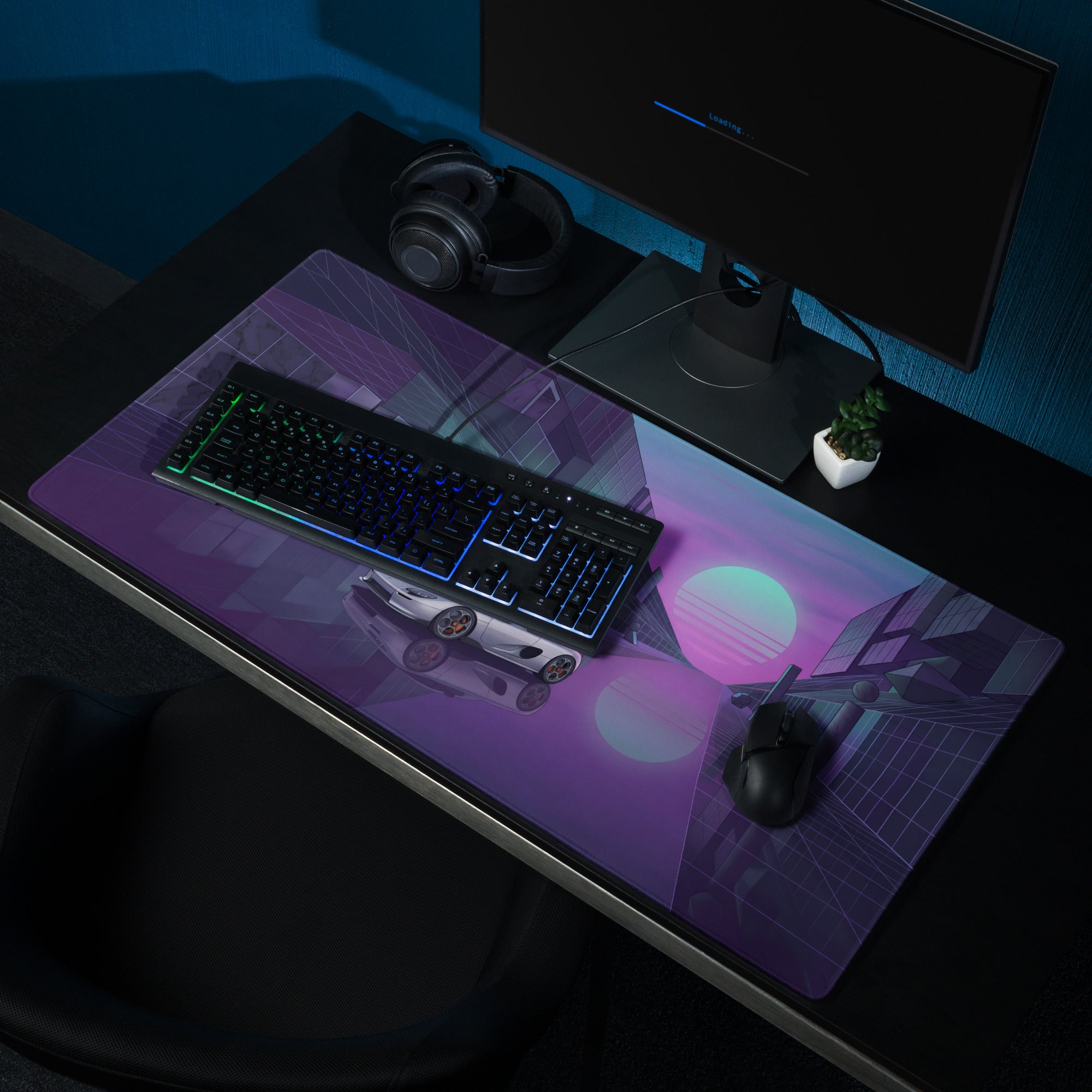 Koenigsegg CCX Inspired Silver Purple Vaporwave Gaming Mouse Pad – Neon Futuristic City Desk Mat, Dreamy Retro Supercar Digital Artwork