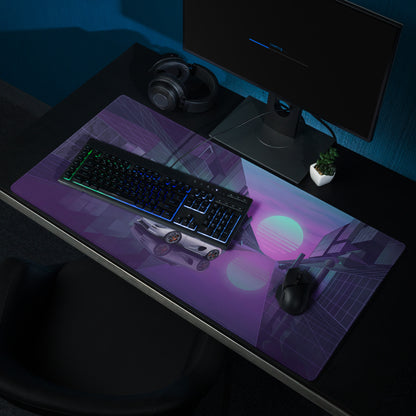Koenigsegg CCX Inspired Silver Purple Vaporwave Gaming Mouse Pad – Neon Futuristic City Desk Mat, Dreamy Retro Supercar Digital Artwork
