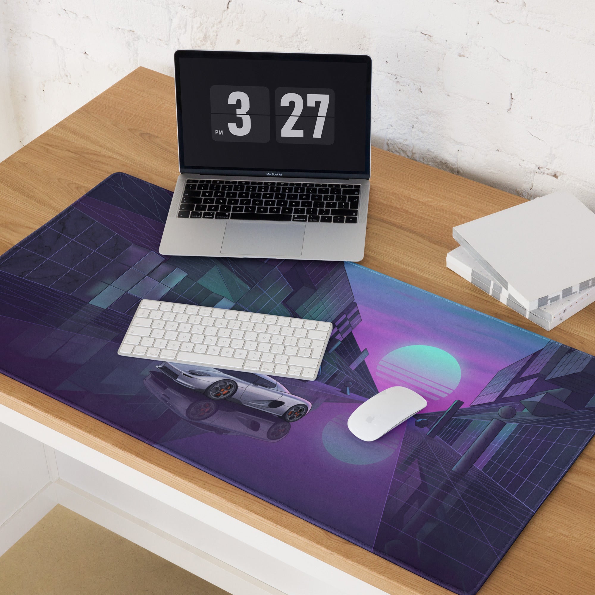 Koenigsegg CCX Inspired Silver Purple Vaporwave Gaming Mouse Pad – Neon Futuristic City Desk Mat, Dreamy Retro Supercar Digital Artwork