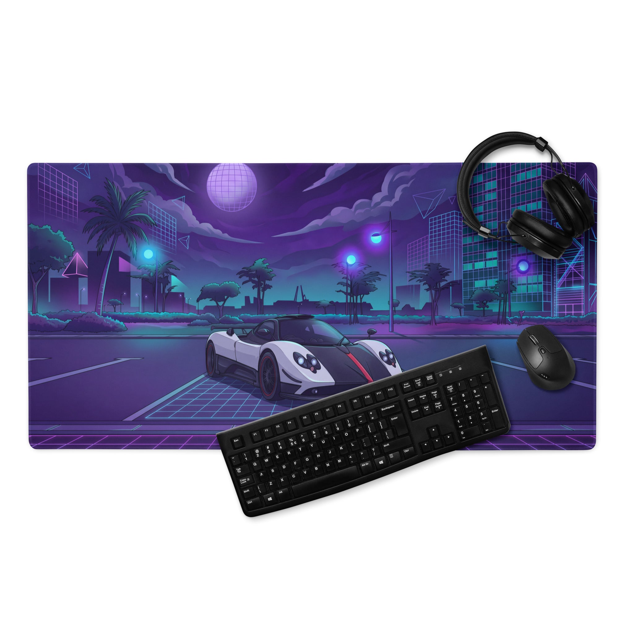 Pagani Zonda Cinque Inspired White Purple Vaporwave Gaming Mouse Pad – Neon Cyber City Desk Mat, Retro Futuristic Hypercar Digital Artwork