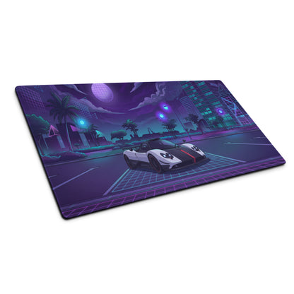 Pagani Zonda Cinque Inspired White Purple Vaporwave Gaming Mouse Pad – Neon Cyber City Desk Mat, Retro Futuristic Hypercar Digital Artwork