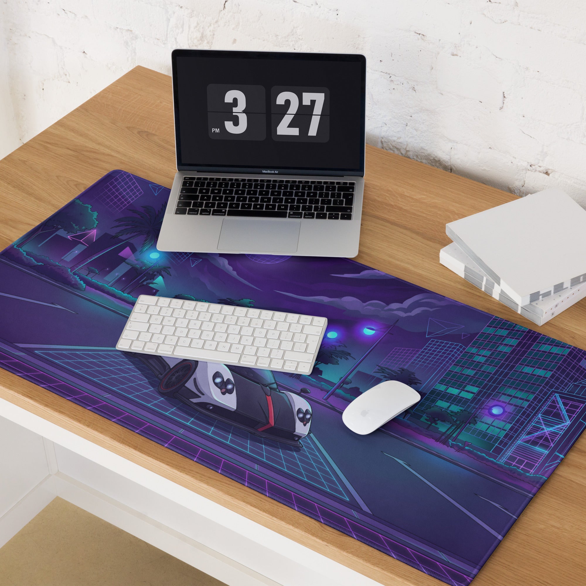 Pagani Zonda Cinque Inspired White Purple Vaporwave Gaming Mouse Pad – Neon Cyber City Desk Mat, Retro Futuristic Hypercar Digital Artwork