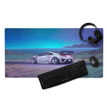 Acura NSX Inspired White Blue Vaporwave Gaming Mouse Pad – Neon Mountain Grid Desk Mat, Futuristic Widebody JDM Sports Car Digital Art