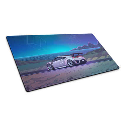 Acura NSX Inspired White Blue Vaporwave Gaming Mouse Pad – Neon Mountain Grid Desk Mat, Futuristic Widebody JDM Sports Car Digital Art