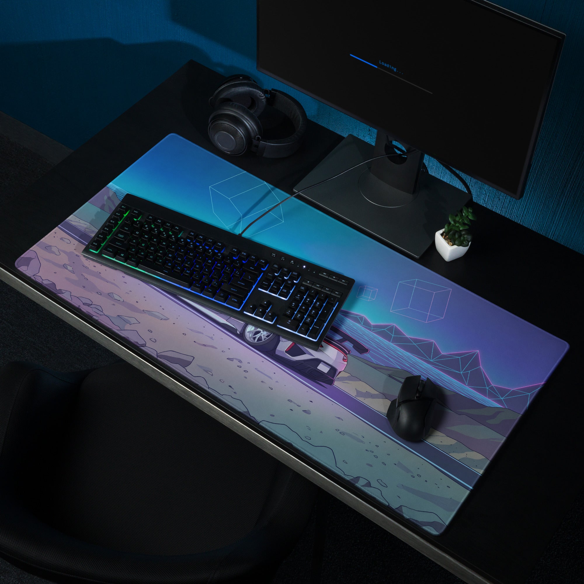 Acura NSX Inspired White Blue Vaporwave Gaming Mouse Pad – Neon Mountain Grid Desk Mat, Futuristic Widebody JDM Sports Car Digital Art