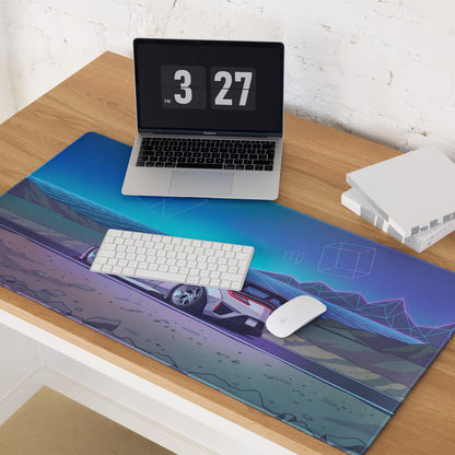 Acura NSX Inspired White Blue Vaporwave Gaming Mouse Pad – Neon Mountain Grid Desk Mat, Futuristic Widebody JDM Sports Car Digital Art